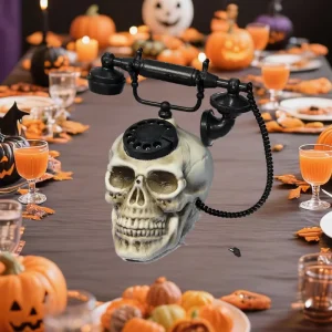 Halloween Animatronic Spooky Skull Telephone Prop Creepy Animated Wall Decoration for Haunted House Party