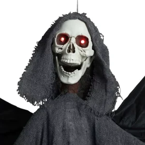 Halloween Animatronics Hanging Reaper Decoration with Red LED Eyes Bat Wing Design Scary Sounds 3xAA Battery Included