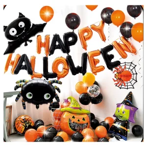 Halloween Balloon Kit Arch Pumpkin Ghost Bat Foil Balloons with Cobweb Backdrop for Retailers and Event Planners