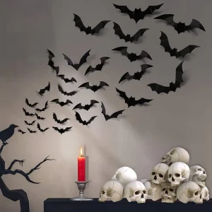Halloween Black Plastic 3D Bat Stickers 88 Pieces Per Pack Party Decorations