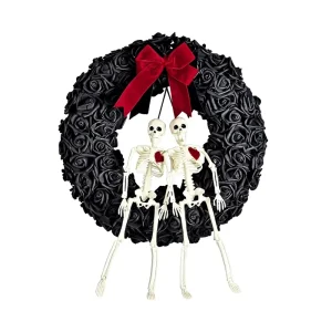 Halloween Black Rose Wreath Skeleton Couple with Red Bow Gothic Eternal Love Front Door Hanging Wreath for Holiday Wall Decor