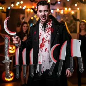 Halloween Bloody Knife Toy Realistic Fake Weapon Machete Sickle Cleaver Dagger for Zombie Cosplay Party Accessory