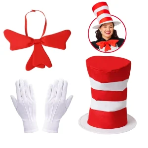 Halloween Bow Gloves Party Hat Cosplay Costume Accessories Red and White Striped Top Hat for Thanksgiving Carnival