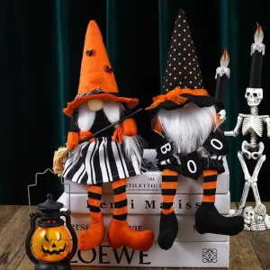 Halloween Broomstick Top Hat Witch Doll Ornaments Cute Cartoon Long Leg Faceles Doll Home Decor Halloween Party Decor