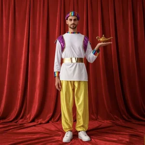 Halloween Carnival Adult Classic Mysterious Men’s Aladdin Set with Headwear and Belt Arabian Prince Costume PET Material