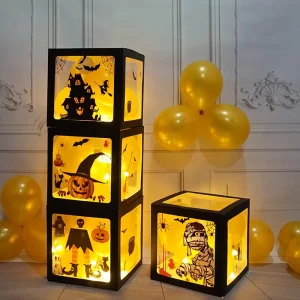 Halloween Carnival Party Decoration Fall Decor Pumpkin Witch Bat Element LED PVC Paper Square Balloons Box SR