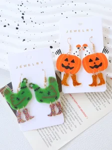 Halloween Chicken & Pumpkin Acrylic Earrings Polymer Clay Look Printed Glitter Boots Festival Party Jewelry