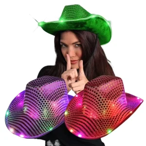 Halloween Christmas Festival Cosplay Character Costume Party Hats Carnival Mardi Gras Colorful LED Light up Sequin Cowboy Hat