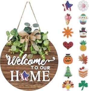 Halloween Christmas Rustic Round Wood Wreaths Wall Hanging Outdoor Interchangeable Seasonal Welcome Sign Front Door Decorations