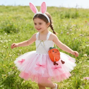 Halloween Costume Toddler Girls Easter Bunny Tutu Dress Pink Sleeveless Tulle Cosplay Party Costume with Headband Carrot Bag