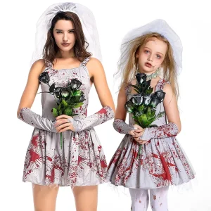 Halloween Costume for Girls Children Gray Bloody Ghost Bride Cosplay Sets Masquerade Dress Strap Puffy Skirt Polyester In Stock