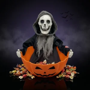 Halloween Crossbones Decoration Fabric Plastic Electric Animate Light up Skeleton Candy Holder Bowl for Party