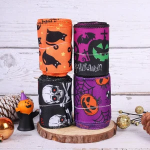 Halloween DIY Decorations Horror Style Pumpkin Skull Ghost Printed Ribbon BatShape for Festive Party Accessory Made Cloth