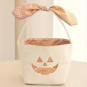 Halloween Decoration Canvas Trick or Treat Gingham Basket with Bow Pumpkin Candy Bucket