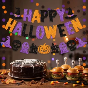 Halloween Decorations Birthday Party Banners Pumpkin Bats Halloween Ghosts Witches Glitter Party Banners