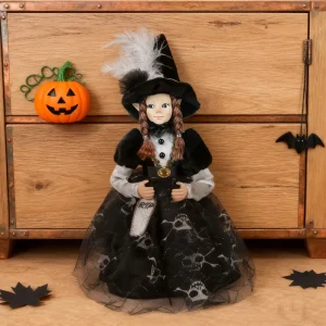 Halloween Decorative Figurines 35CM Decorative Girl Doll Wearing Black Hat Halloween Decoration