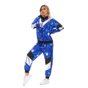 Halloween Disco Sequin Retro TV Movie Costumes Sexy Two Piece Shiny Party Tracksuit Set with Sequin Square Print