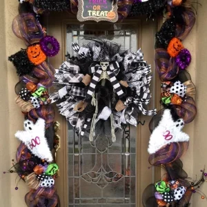 Halloween Door Decorations Ghost Festival Horror Atmosphere Decorations Witch Hats Skeletons Mesh Wreaths