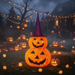 Halloween Double Pumpkin with Witch Hat Pre-lit IP44 Rated Copper Outdoor Holiday Decoration