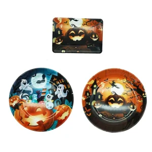 Halloween Eco-Friendly Disposable Paper Plates 3 Designs Jack-o’-lantern Ghost Haunted House Print Rectangular 8PK for Parties
