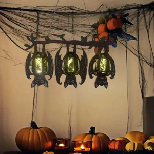 Halloween Flashing Bats Lantern Wooden Handmade Decorations Light Battery Operated String Lights Indoor Room Yard Garden Party