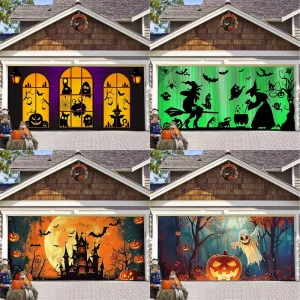 Halloween Garage Door Banner Pumpkin Castle Polyester Wall Hanging Backdrop Horror Decoration Spooky Party Outdoor Home Decor