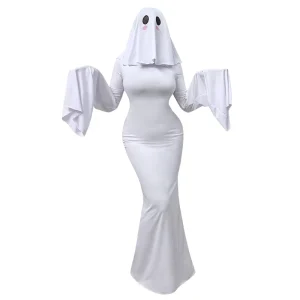Halloween Ghost Backless Gown Cute Ghost Cosplay Maxi Dress with Ghost Hood Halloween Party Dress