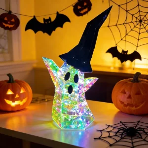 Halloween Ghost Decor 60 LED Lighted Prismatic Iridescent USB Powered PET Ghost Figure Tabletop Home Ornament 8 Lighting Modes