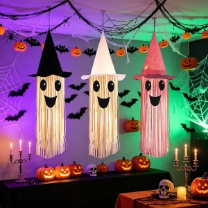 Halloween Ghost Decor LED Light Hanging Witch Hat Ghost Ornament Spooky Pendant Haunted House Party Outdoor Porch Tree Decor