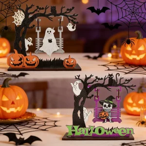Halloween Ghost Swing Wooden Ornament Ghost Festival Party Decoration Tabletop Display Pumpkin Withered Tree