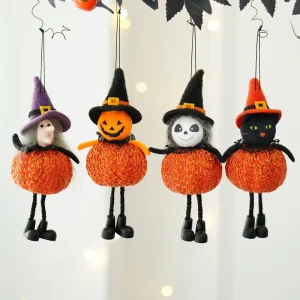 Halloween Golden-Threaded Silk Cloth Pumpkin Witch Figurines Small Hanging Ornaments for Holiday Party Decor