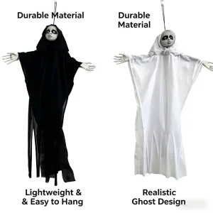 Halloween Hanging Ghost Decoration 90cm Scary Black & White Floating Ghost Props for Indoor Outdoor Party Yard Haunted House