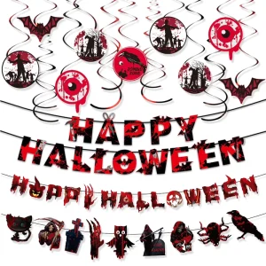 Halloween Horror Party Decor Bloody Banner with Bats Crows Owls Hanging Garland Spooky Indoor Customizable Paper Scare Scene