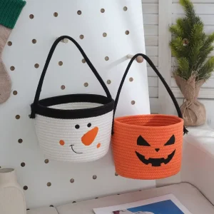 Halloween Horror Pumpkin Bucket Portable Storage Basket Eco friendly Cotton Rope Reusable Indoor Outdoor Party Decorations
