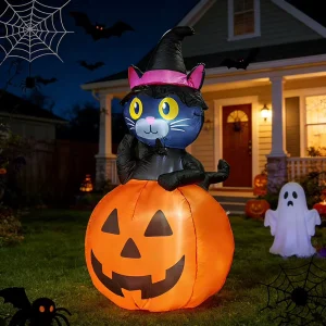 Halloween Inflatable Black Cat on Pumpkin Blow Up Witch Cat with LED Lights for Outdoor Yard Garden Holiday Decorations