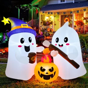 Halloween Inflatable Cute Ghosts with Wizard Hat and Pumpkin Fire Blow up Outdoor Decoration with Built in LED for Yard Garden
