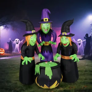 Halloween Inflatable Decoration Three Witches Around a Large Pot LED Light-Up Outdoor Yard Decoration