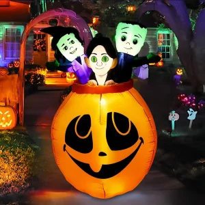 Halloween Inflatable Horror Witch in a Pumpkin Bucket LED Light-Up Outdoor Decoration Ornament