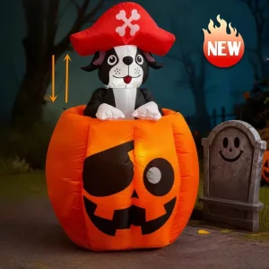 Halloween Inflatables Animated Pirate Captain Puppy On Pumpkin Up and Down Outdoor Decorations Blow Up Yard with Built-in LEDs