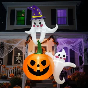 Halloween Inflatables Outdoor Decorations Giant Pumpkin with Cute Ghosts & Witch Hat LED Blow Up Yard Decor for Holiday Party