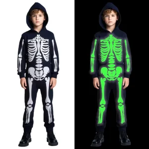 Halloween Kids Boys White Skeleton Ghost Cosplay Jumpsuit Hooded Ghost Skeleton Costume Children One piece Party Costume