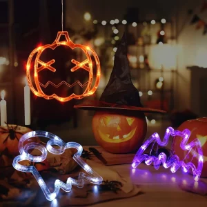 Halloween LED Lights Decorations 3 Pack Orange Pumpkin White Ghost Purple Bat Window Lights Suction Party Lighting