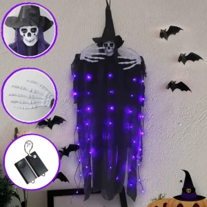 Halloween Luminous Scream Skeleton Witch Evil Demon Prop With 5 Sound Effects Purple LED Light For Home Park Outdoor Ornament
