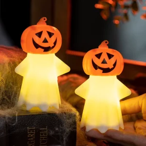 Halloween New Arrival Plastic Pumpkin Head Ghost Ornaments with Glowing Night Lights Halloween Decor & Scene Styling