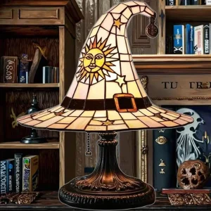 Halloween Nightlight Witch Hat Lamp With Stained Glass For Decorative Nightstand Festive Witch Hat Nightstand Decoration
