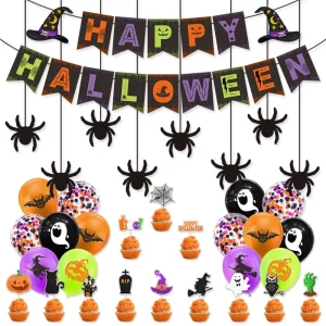 Halloween Paper Banner Balloon Set Spooky Spider Hanging Ornaments Customizable for Indoor Use Haunted House Ghost Decorations