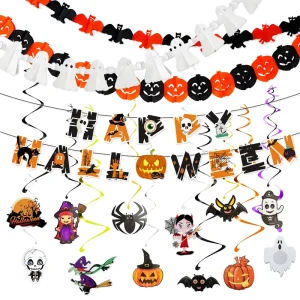 Halloween Paper Garland Set Ghost Pumpkin Bat Streamer Letter Banner Spiral Cutout Hanging Swirl Party Decor