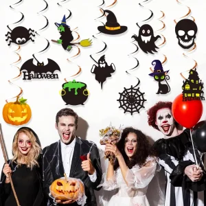 Halloween Party Ceiling Swirl Hanging Decorations Set with Spooky Pumpkins Ghosts and Bats for Kids’ Home and Classroom Use