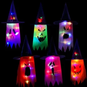 Halloween Party Decoration Outdoor Pumpkin Ghost Pendant Halloween Colorful Led Light up Witch Hats Party Decoration