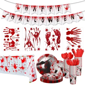 Halloween Party Decoration Paper Banner Set Customizable Realistic Bloody Handprint Flags Reusable Hanging Garlands Haunted